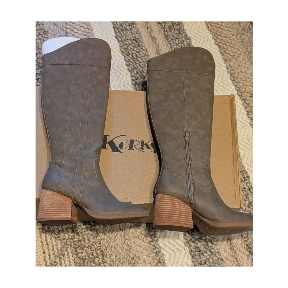 NIB Korks Womens Taupe Tall Knee High Block Heel Boots Almond Toe Size 7M